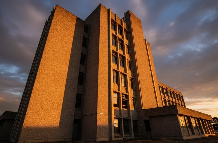 A wide-angle, dramatic sunset shot showcasing the clean lines of a brutalist mid-century building in Newborough, Victoria, with warm light bathing its facade, perfectly capturing Newborough's unique mid-century architecture.