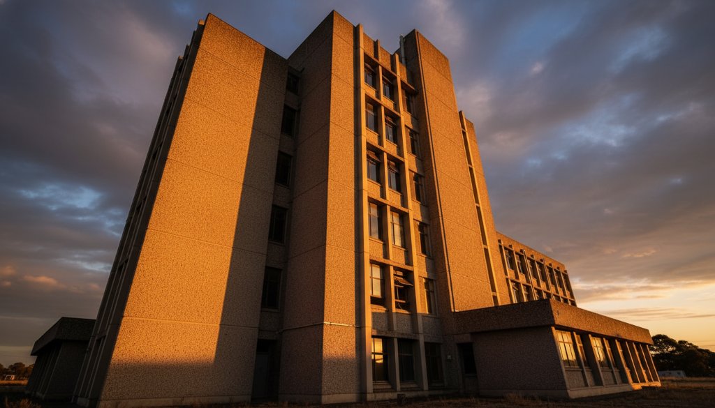 A wide-angle, dramatic sunset shot showcasing the clean lines of a brutalist mid-century building in Newborough, Victoria, with warm light bathing its facade, perfectly capturing Newborough's unique mid-century architecture.
