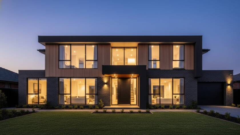 Dramatic golden hour photograph of a contemporary home in Noble Park North, showcasing its unique architectural lines and materials, perfectly illustrating capturing Noble Park North's distinctive residential architecture with warm, cinematic lighting.