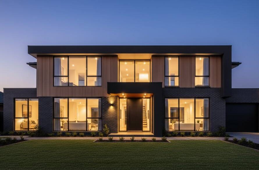 Dramatic golden hour photograph of a contemporary home in Noble Park North, showcasing its unique architectural lines and materials, perfectly illustrating capturing Noble Park North's distinctive residential architecture with warm, cinematic lighting.