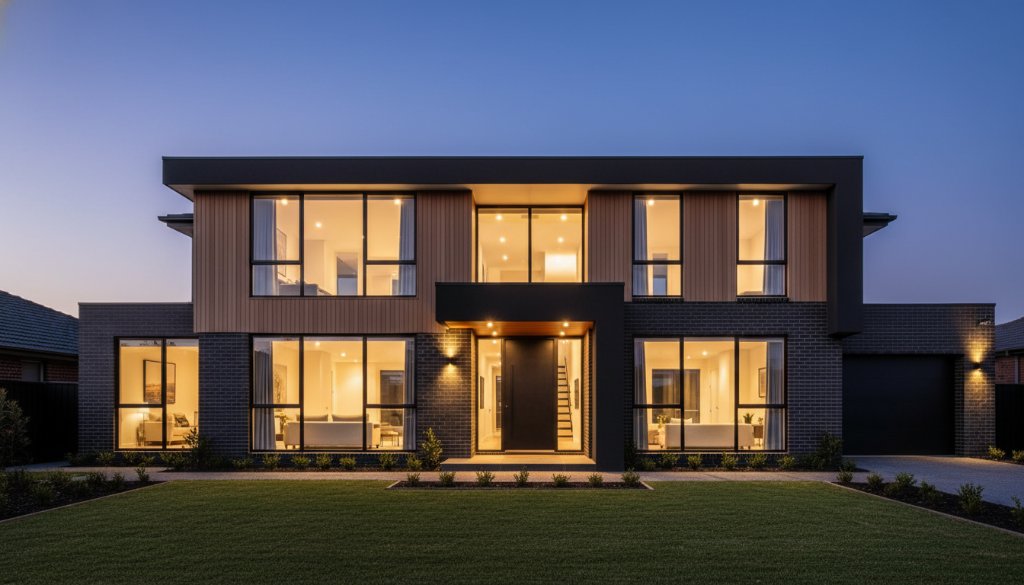 Dramatic golden hour photograph of a contemporary home in Noble Park North, showcasing its unique architectural lines and materials, perfectly illustrating capturing Noble Park North's distinctive residential architecture with warm, cinematic lighting.