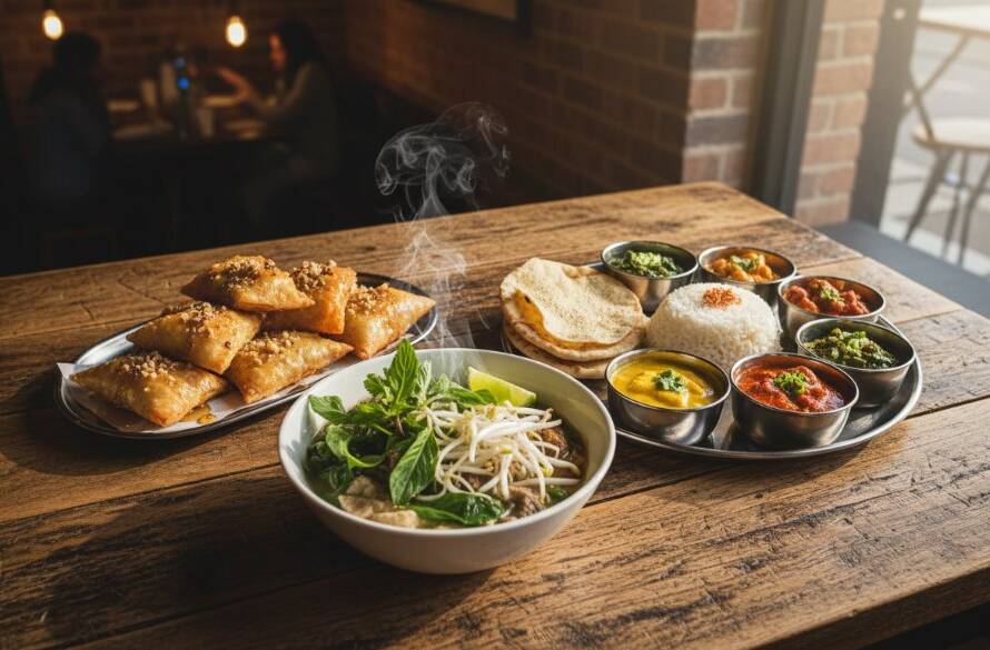An overhead shot beautifully showcasing a vibrant platter of multicultural dishes on a rustic wooden table, with natural light streaming through a window in a Noble Park eatery, expertly demonstrating Capturing Noble Park's multicultural food photography.