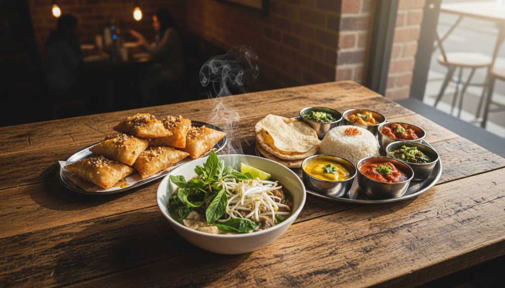 An overhead shot beautifully showcasing a vibrant platter of multicultural dishes on a rustic wooden table, with natural light streaming through a window in a Noble Park eatery, expertly demonstrating Capturing Noble Park's multicultural food photography.