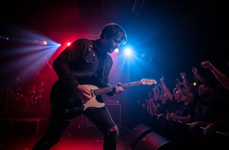 Dramatic, high-energy photo of a lead singer silhouetted by bright stage lights, guitar in hand, performing at a packed Notting Hill music venue, embodying the essence of Capturing Notting Hill's vibrant live music scene photography.