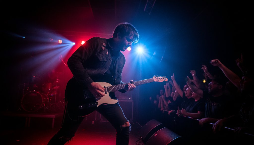 Dramatic, high-energy photo of a lead singer silhouetted by bright stage lights, guitar in hand, performing at a packed Notting Hill music venue, embodying the essence of Capturing Notting Hill's vibrant live music scene photography.
