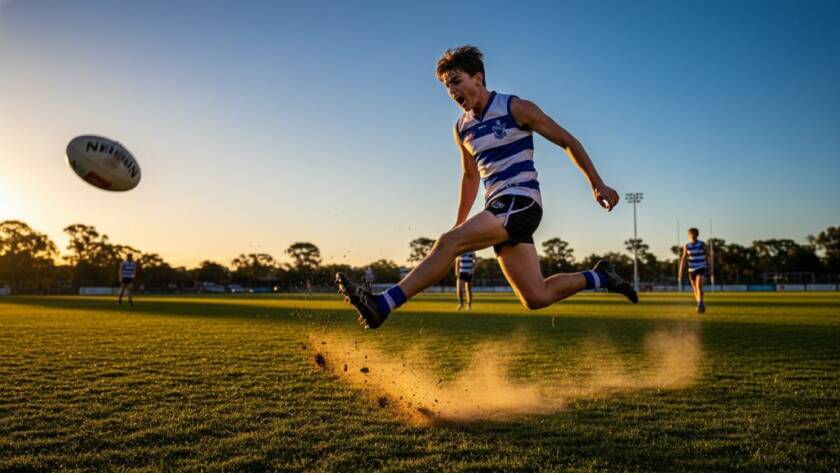 Dramatic action shot of a young athlete mid-stride during a soccer match at a Nunawading park, showcasing the dynamic energy of capturing Nunawading's youth sports photography with golden hour lighting.