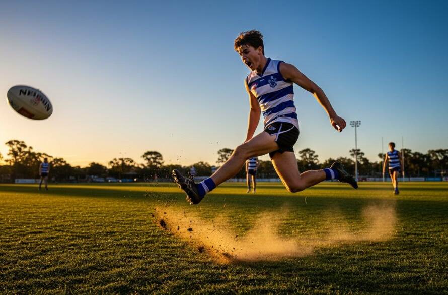 Dramatic action shot of a young athlete mid-stride during a soccer match at a Nunawading park, showcasing the dynamic energy of capturing Nunawading's youth sports photography with golden hour lighting.