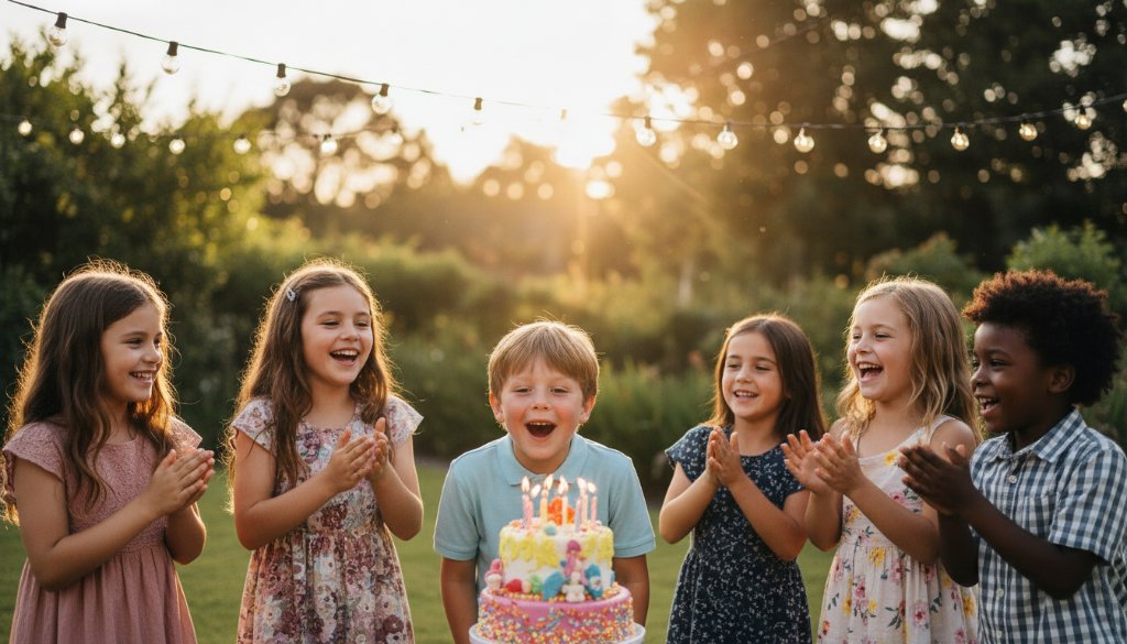 A wide-angle, vibrant photograph capturing Park Orchards birthday party joy, showing a group of children laughing and playing under festoon lights in a beautiful garden setting at dusk, with one child joyfully blowing out candles on a cake, professional lighting.