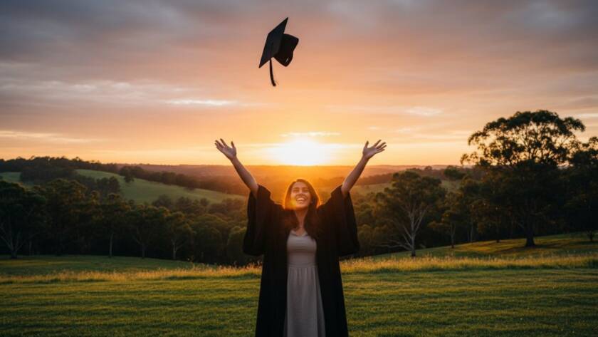 A triumphant graduate, cap thrown high against a golden sunset over the tranquil gum trees of Park Orchards, celebrating their achievement. This epic shot epitomises Capturing Park Orchards Graduation Joy Photography, full of emotion and vibrant colour.