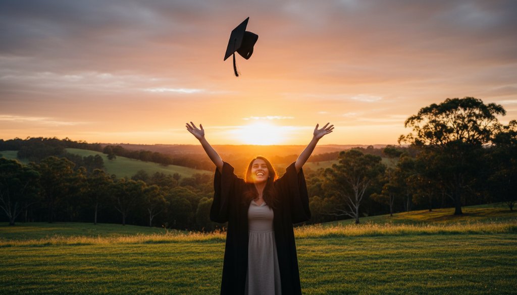 A triumphant graduate, cap thrown high against a golden sunset over the tranquil gum trees of Park Orchards, celebrating their achievement. This epic shot epitomises Capturing Park Orchards Graduation Joy Photography, full of emotion and vibrant colour.