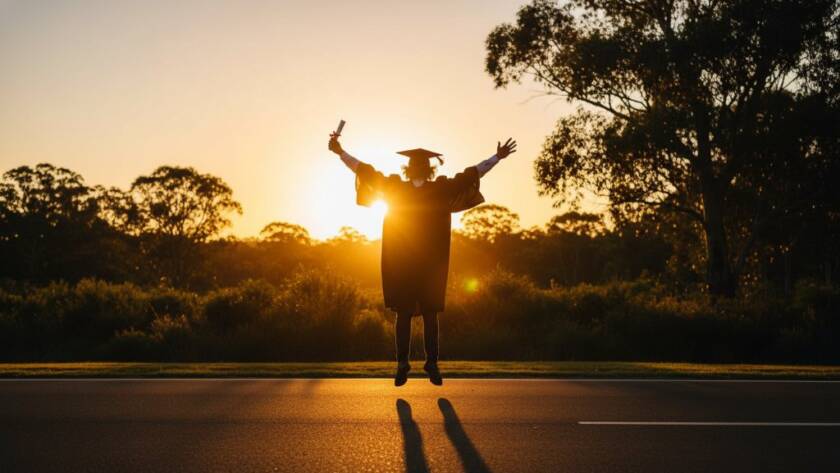 Epic moment captured: A proud Year 12 graduate in their cap and gown, laughing joyfully with friends under the golden afternoon light at an iconic Park Orchards park, celebrating their achievement. This image embodies the essence of Capturing Park Orchards Year 12 Graduation Memories Victoria.