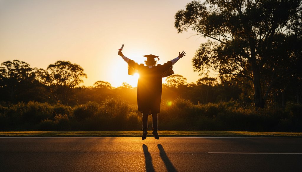 Epic moment captured: A proud Year 12 graduate in their cap and gown, laughing joyfully with friends under the golden afternoon light at an iconic Park Orchards park, celebrating their achievement. This image embodies the essence of Capturing Park Orchards Year 12 Graduation Memories Victoria.