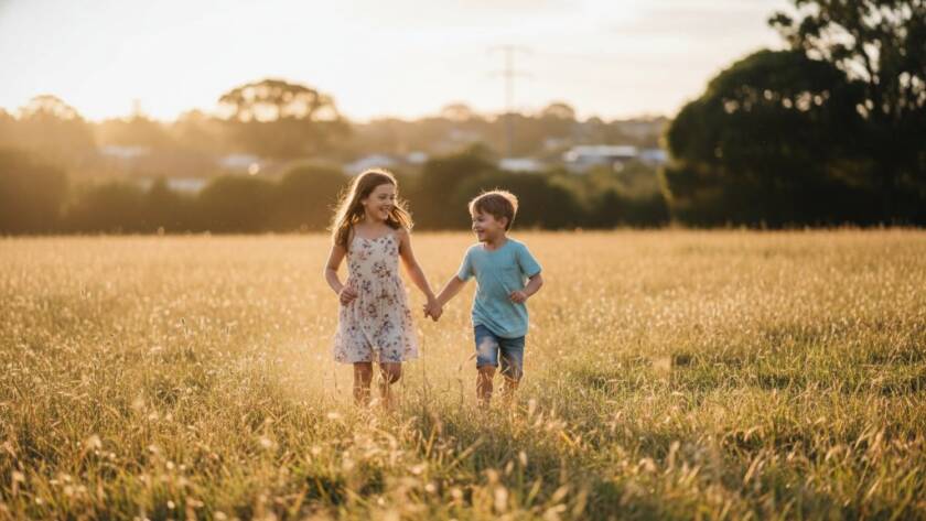 A candid, joyful moment capturing playful kids photos Forest Hill, with two children laughing as they run through golden afternoon light in a park, professionally photographed with a shallow depth of field and warm, inviting colours.