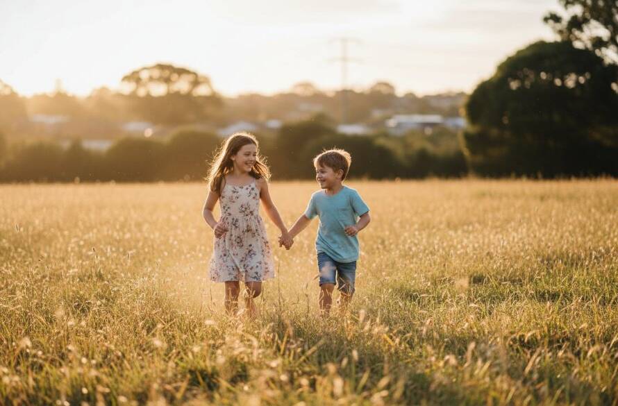 A candid, joyful moment capturing playful kids photos Forest Hill, with two children laughing as they run through golden afternoon light in a park, professionally photographed with a shallow depth of field and warm, inviting colours.