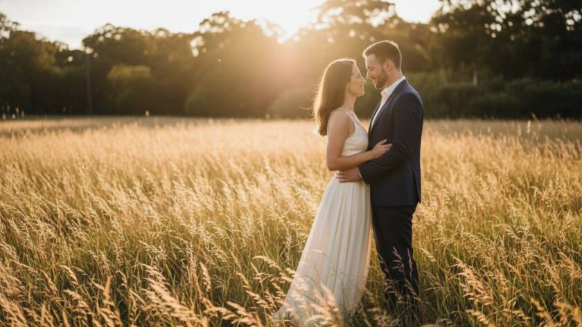 An engaged couple shares a tender embrace at sunset amidst golden fields in Oakleigh South, Victoria, capturing pre-wedding photography joy with dramatic lighting and a soft, romantic glow, symbolising their deep connection.