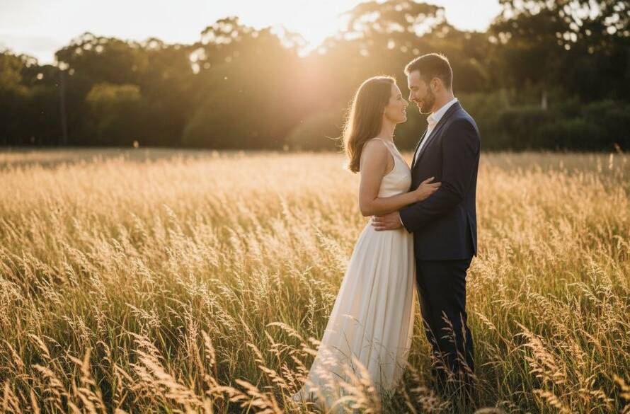 An engaged couple shares a tender embrace at sunset amidst golden fields in Oakleigh South, Victoria, capturing pre-wedding photography joy with dramatic lighting and a soft, romantic glow, symbolising their deep connection.