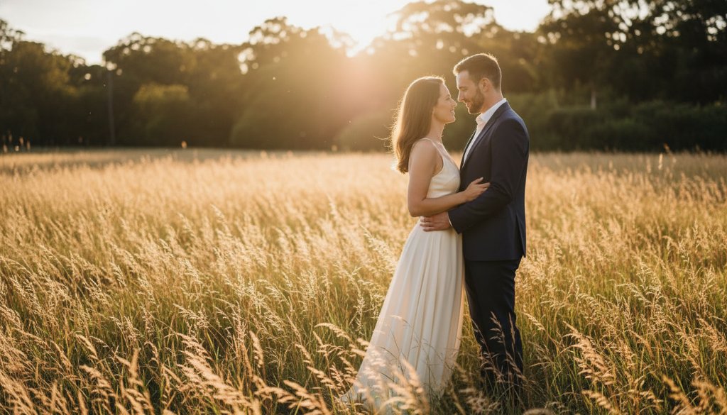 An engaged couple shares a tender embrace at sunset amidst golden fields in Oakleigh South, Victoria, capturing pre-wedding photography joy with dramatic lighting and a soft, romantic glow, symbolising their deep connection.