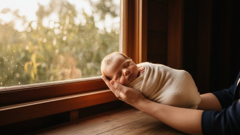 A heartwarming, professionally lit portrait capturing precious Drumcondra newborn memories Victoria, with a baby nestled peacefully in a rustic basket, parents' hands gently cradling, soft golden hour light filtering through eucalyptus trees in the background.