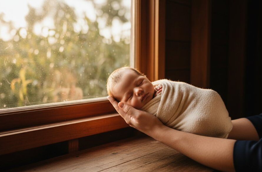 A heartwarming, professionally lit portrait capturing precious Drumcondra newborn memories Victoria, with a baby nestled peacefully in a rustic basket, parents' hands gently cradling, soft golden hour light filtering through eucalyptus trees in the background.