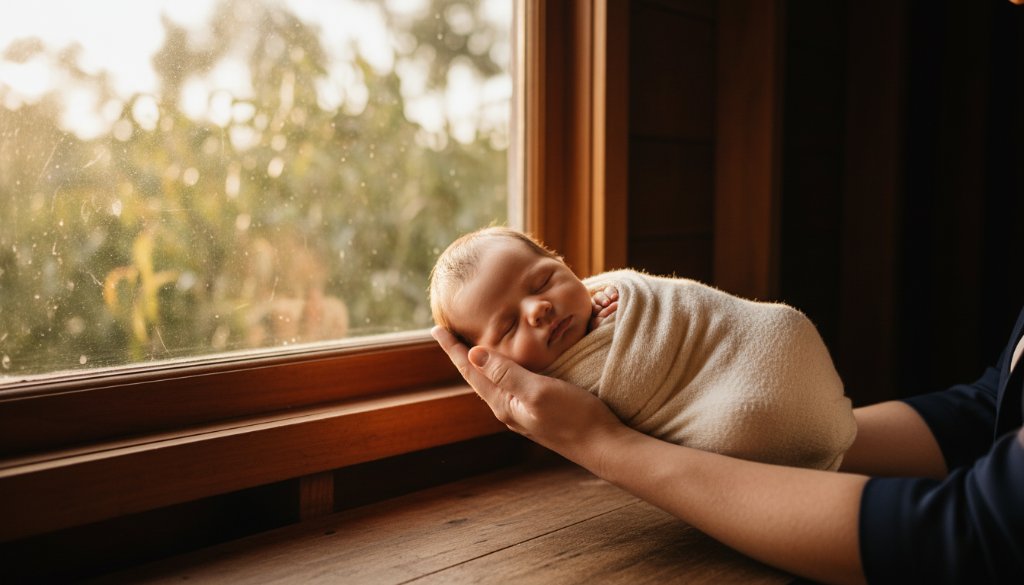 A heartwarming, professionally lit portrait capturing precious Drumcondra newborn memories Victoria, with a baby nestled peacefully in a rustic basket, parents' hands gently cradling, soft golden hour light filtering through eucalyptus trees in the background.