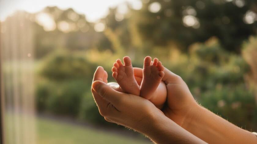 A close-up, epic moment photograph of a newborn baby's tiny hands gently curled around a parent's finger, bathed in soft, warm golden hour light, with a blurred, serene Dandenong South park landscape in the background, symbolising the tender bond and the joy of capturing precious newborn memories Dandenong South.