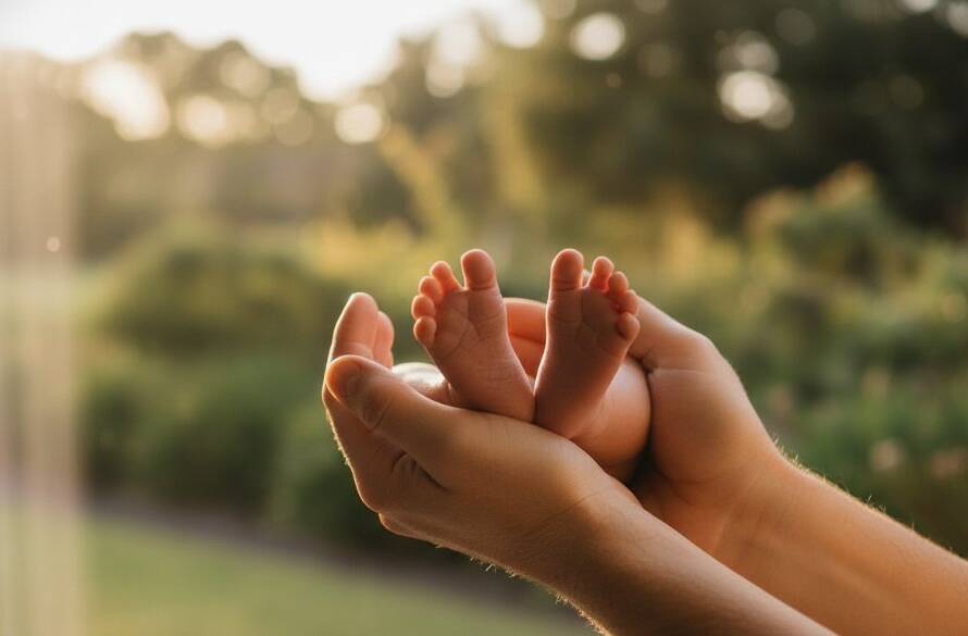 A close-up, epic moment photograph of a newborn baby's tiny hands gently curled around a parent's finger, bathed in soft, warm golden hour light, with a blurred, serene Dandenong South park landscape in the background, symbolising the tender bond and the joy of capturing precious newborn memories Dandenong South.