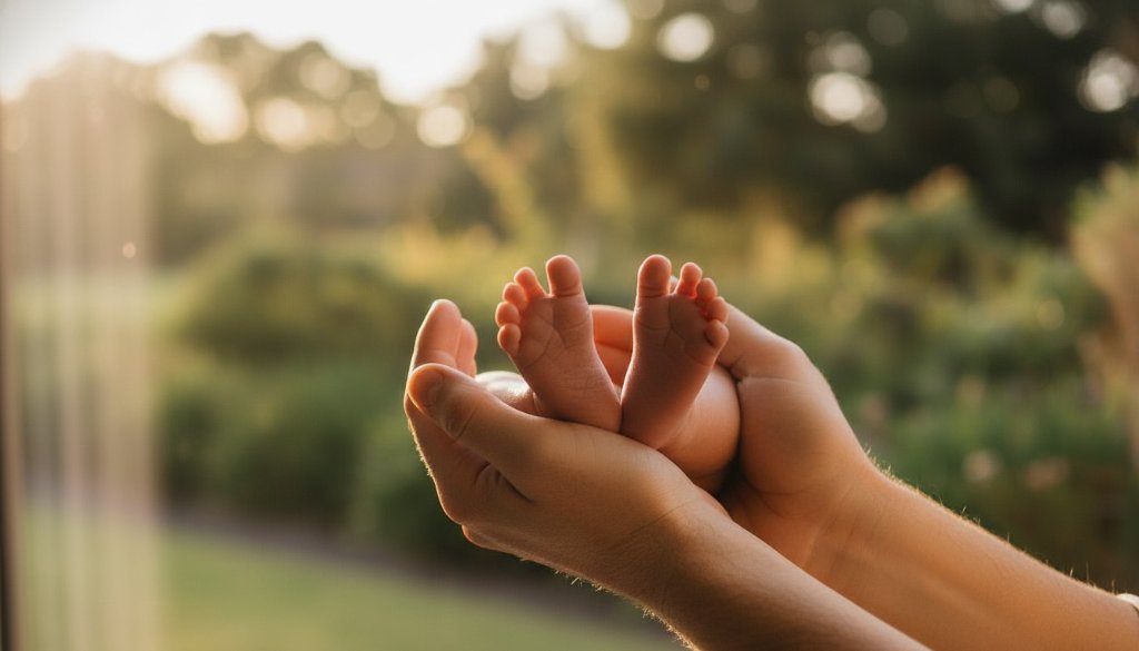 A close-up, epic moment photograph of a newborn baby's tiny hands gently curled around a parent's finger, bathed in soft, warm golden hour light, with a blurred, serene Dandenong South park landscape in the background, symbolising the tender bond and the joy of capturing precious newborn memories Dandenong South.