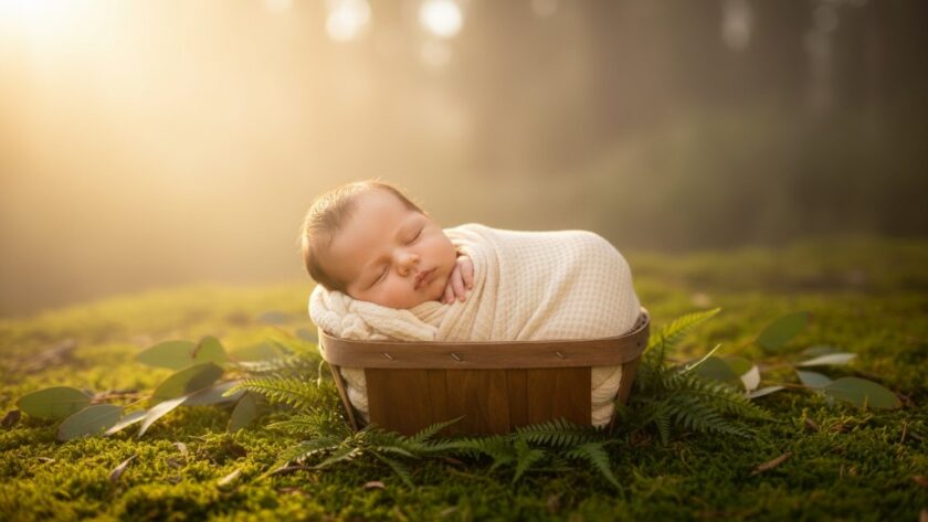A breathtaking, professionally colour-graded photograph capturing precious newborn moments in Canadian, Victoria, with a sleeping baby swaddled gently in a rustic, natural setting near Lake Kirrp. Dramatic soft light highlights the baby's delicate features, creating an emotional and serene portrait.