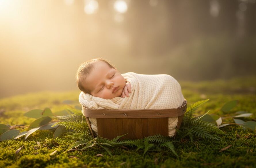 A breathtaking, professionally colour-graded photograph capturing precious newborn moments in Canadian, Victoria, with a sleeping baby swaddled gently in a rustic, natural setting near Lake Kirrp. Dramatic soft light highlights the baby's delicate features, creating an emotional and serene portrait.