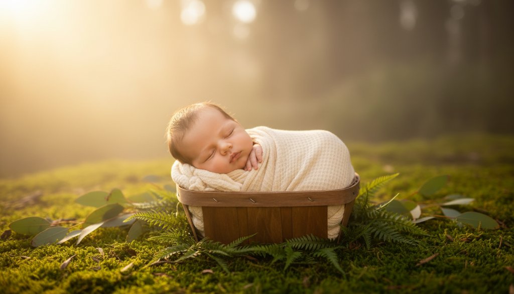 A breathtaking, professionally colour-graded photograph capturing precious newborn moments in Canadian, Victoria, with a sleeping baby swaddled gently in a rustic, natural setting near Lake Kirrp. Dramatic soft light highlights the baby's delicate features, creating an emotional and serene portrait.