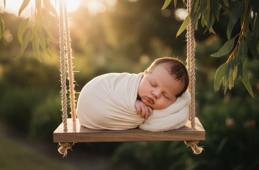 A heartwarming, professional photograph of a newborn baby peacefully sleeping in a gentle, ethereal wrap, surrounded by soft, natural light, symbolising the tender artistry of capturing precious newborn moments Heathmont Victoria. The composition is intimate and evokes a sense of timeless purity.