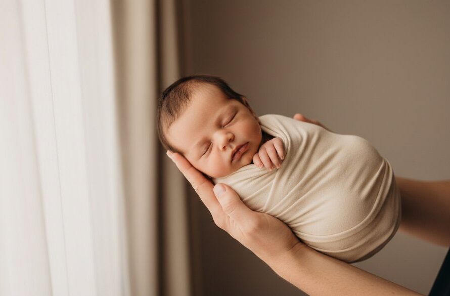 A heartwarming 'epic moment' photograph capturing precious newborn photography Geelong West, featuring a sleeping baby wrapped in a soft blanket, gently held in a parent's hands, with warm, soft, dramatic light illuminating their tiny features against a blurred, elegant Geelong West-inspired studio backdrop, emphasizing the profound love and connection.