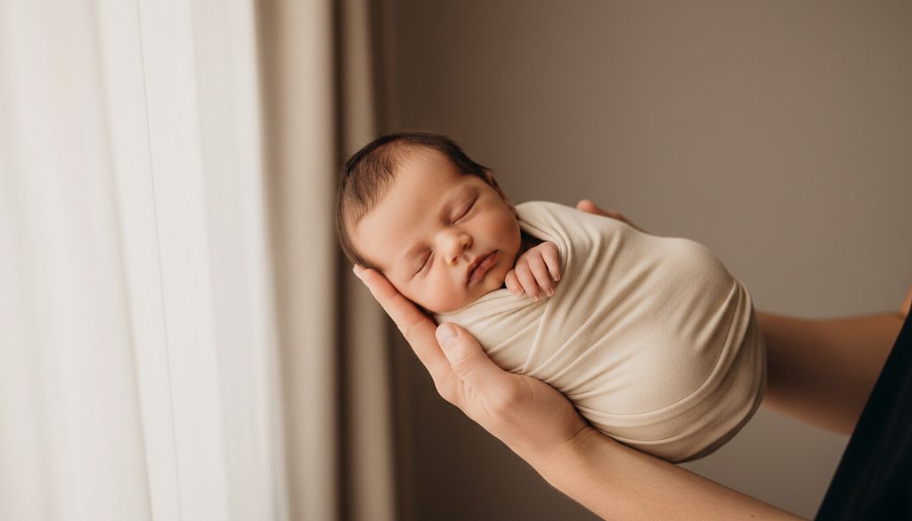 A heartwarming 'epic moment' photograph capturing precious newborn photography Geelong West, featuring a sleeping baby wrapped in a soft blanket, gently held in a parent's hands, with warm, soft, dramatic light illuminating their tiny features against a blurred, elegant Geelong West-inspired studio backdrop, emphasizing the profound love and connection.