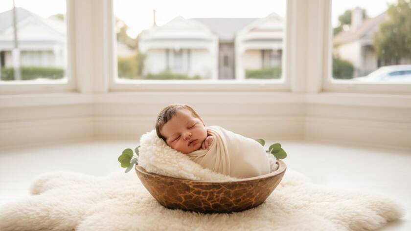 A heartwarming, professional wide-angle photograph showcasing a sleeping newborn baby swaddled in soft, earthy tones, nestled in a delicate wicker basket amidst a sun-drenched, airy studio setting in Brighton East, Victoria. Golden hour light softly illuminates the scene from a large window, creating a serene, angelic glow around the baby, symbolising the pure innocence and preciousness of new life. The background subtly hints at classic Victorian architecture, characteristic of Brighton East, adding a touch of local elegance to the timeless moment. This image perfectly encapsulates the serene beauty of capturing pure newborn joy Brighton East.
