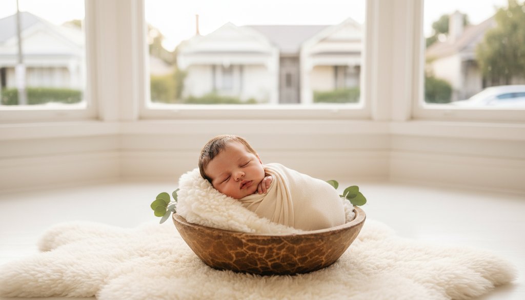 A heartwarming, professional wide-angle photograph showcasing a sleeping newborn baby swaddled in soft, earthy tones, nestled in a delicate wicker basket amidst a sun-drenched, airy studio setting in Brighton East, Victoria. Golden hour light softly illuminates the scene from a large window, creating a serene, angelic glow around the baby, symbolising the pure innocence and preciousness of new life. The background subtly hints at classic Victorian architecture, characteristic of Brighton East, adding a touch of local elegance to the timeless moment. This image perfectly encapsulates the serene beauty of capturing pure newborn joy Brighton East.