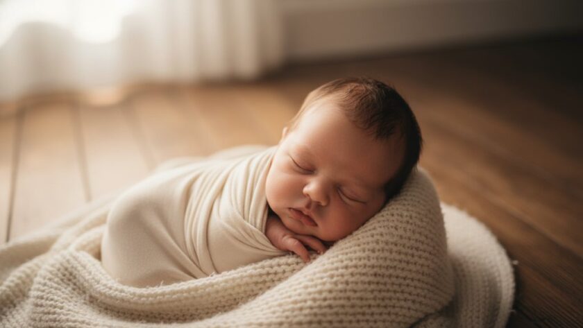A serene, close-up portrait capturing pure newborn moments Orbost, featuring a peacefully sleeping newborn baby wrapped in soft, natural fibres, with gentle, ethereal morning light filtering through a window in an Orbost cottage, creating a warm, golden glow and soft shadows.