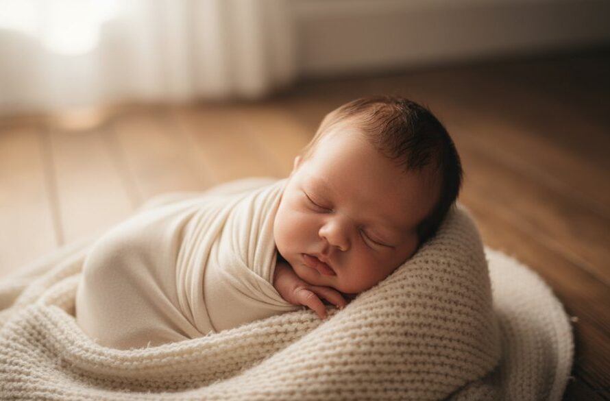 A serene, close-up portrait capturing pure newborn moments Orbost, featuring a peacefully sleeping newborn baby wrapped in soft, natural fibres, with gentle, ethereal morning light filtering through a window in an Orbost cottage, creating a warm, golden glow and soft shadows.