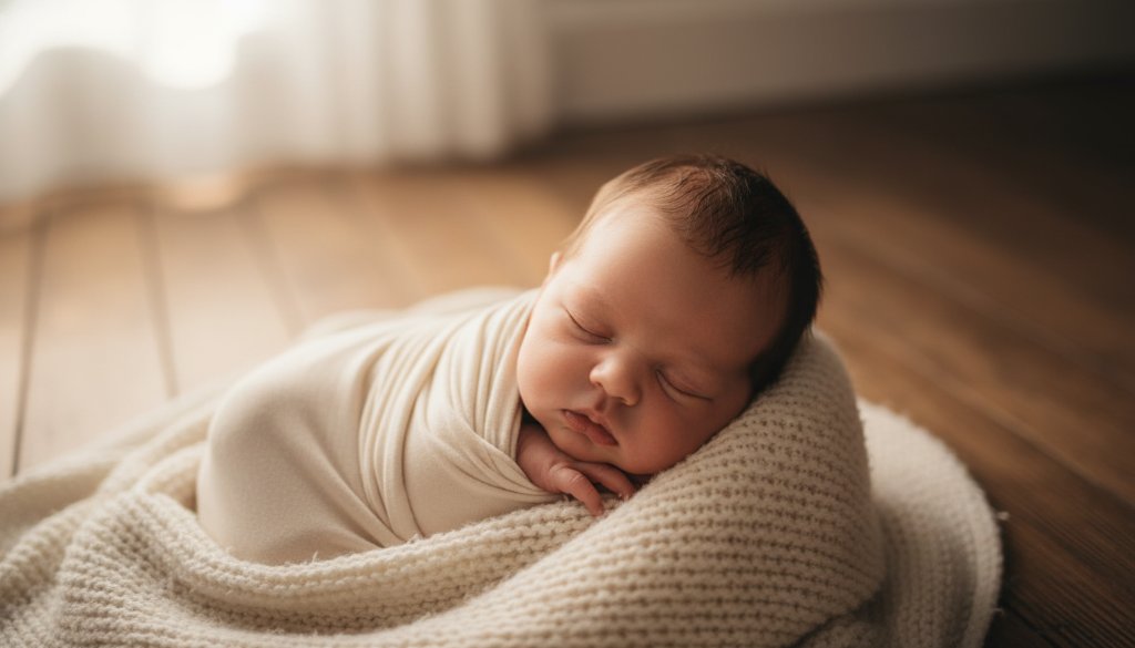 A serene, close-up portrait capturing pure newborn moments Orbost, featuring a peacefully sleeping newborn baby wrapped in soft, natural fibres, with gentle, ethereal morning light filtering through a window in an Orbost cottage, creating a warm, golden glow and soft shadows.