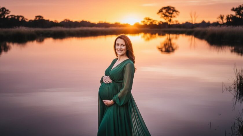A breathtaking 'Capturing Radiant Maternity Glow Sale Victoria Wetlands' photograph, showing a radiant pregnant woman in a flowing gown at sunset by the Sale Common wetlands, with dramatic golden light filtering through native reeds, evoking serenity and anticipation.