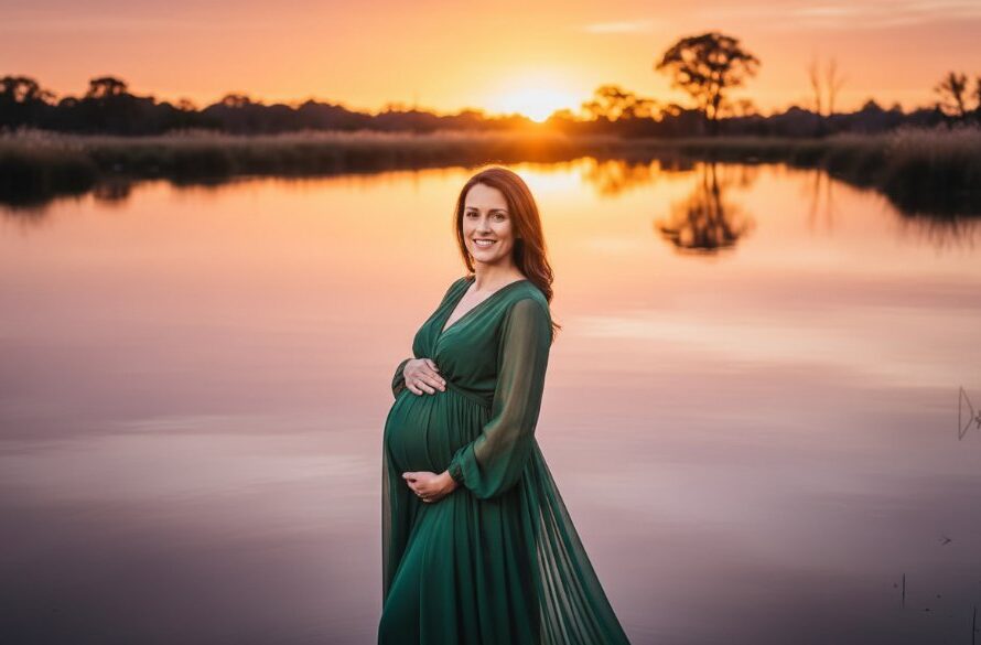 A breathtaking 'Capturing Radiant Maternity Glow Sale Victoria Wetlands' photograph, showing a radiant pregnant woman in a flowing gown at sunset by the Sale Common wetlands, with dramatic golden light filtering through native reeds, evoking serenity and anticipation.