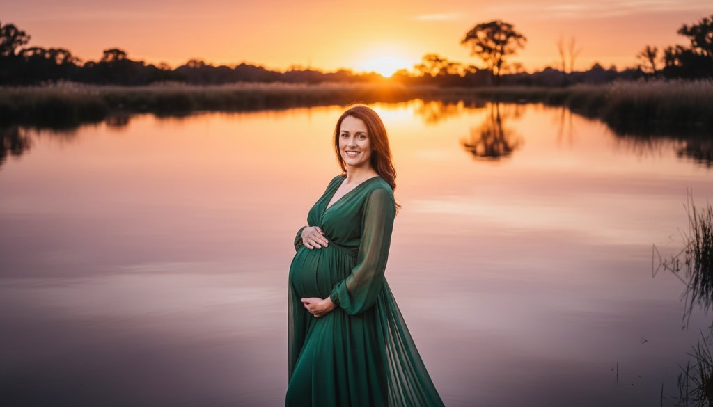 A breathtaking 'Capturing Radiant Maternity Glow Sale Victoria Wetlands' photograph, showing a radiant pregnant woman in a flowing gown at sunset by the Sale Common wetlands, with dramatic golden light filtering through native reeds, evoking serenity and anticipation.