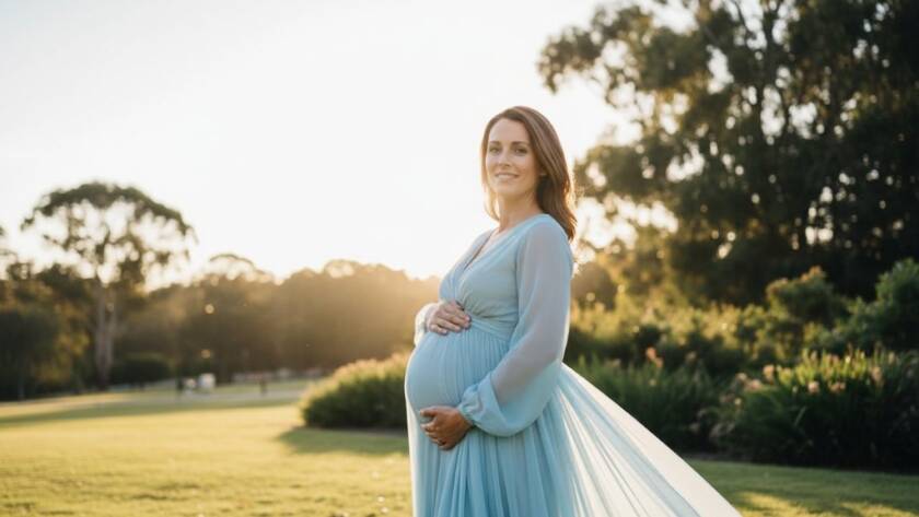 An expectant mother in a flowing gown, silhouetted against a golden Rowville sunset, embodying the serene beauty of Capturing radiant maternity moments Rowville Victoria, professionally photographed.