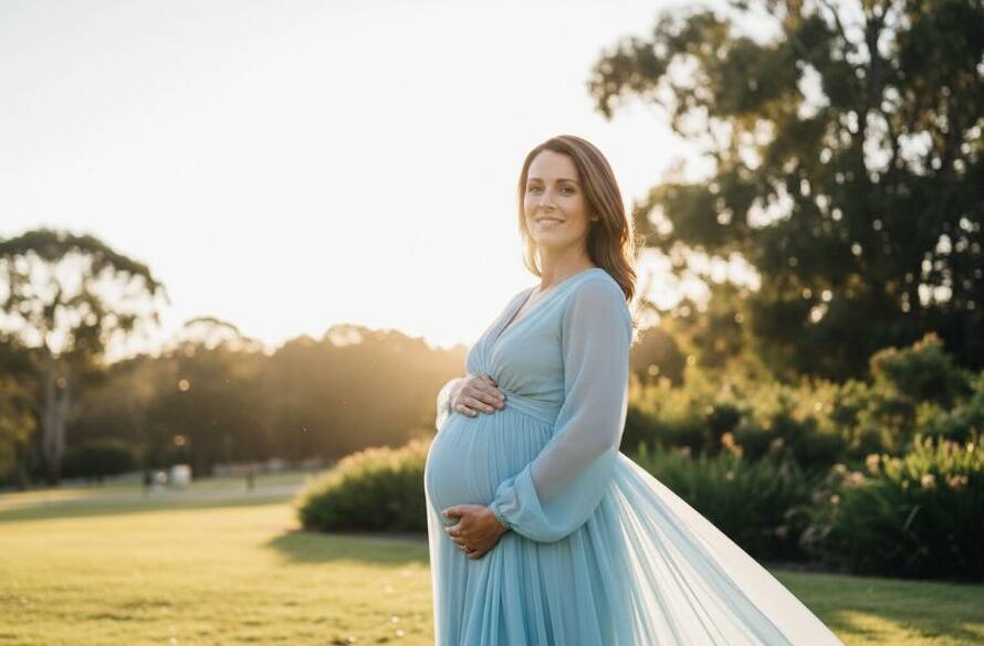 An expectant mother in a flowing gown, silhouetted against a golden Rowville sunset, embodying the serene beauty of Capturing radiant maternity moments Rowville Victoria, professionally photographed.