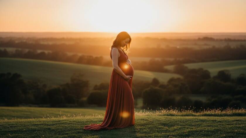 An expectant mother glowing during a sunset photoshoot, with the lush, rolling hills of Cranbourne South as a dramatic backdrop, capturing radiant maternity photography Cranbourne South in an 'epic moment' style.
