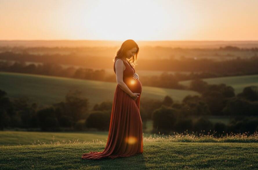 An expectant mother glowing during a sunset photoshoot, with the lush, rolling hills of Cranbourne South as a dramatic backdrop, capturing radiant maternity photography Cranbourne South in an 'epic moment' style.