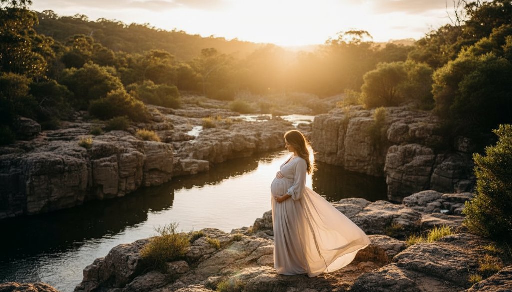 A stunning 'epic moment' style photograph of an expectant mother in Hamlyn Heights, Victoria, showcasing her radiant pregnancy glow against a dramatic sunset backdrop near Buckley Falls. The composition highlights her silhouette and the natural beauty of the surroundings, perfectly capturing radiant maternity photos in Hamlyn Heights Victoria.