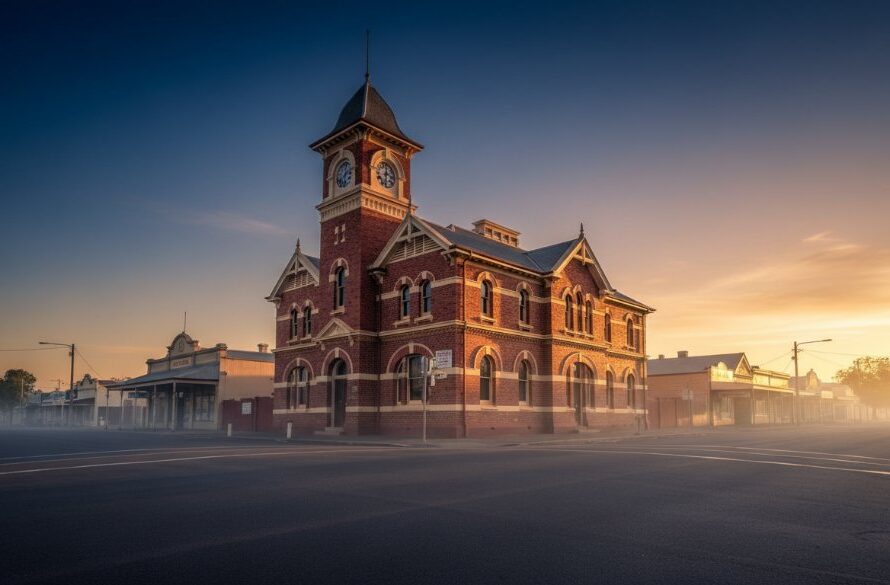 A dramatic wide-angle shot of the iconic Red Cliffs Post Office at sunset, with golden light illuminating its detailed facade and creating long shadows, perfectly illustrating the essence of Capturing Red Cliffs architectural heritage photography.