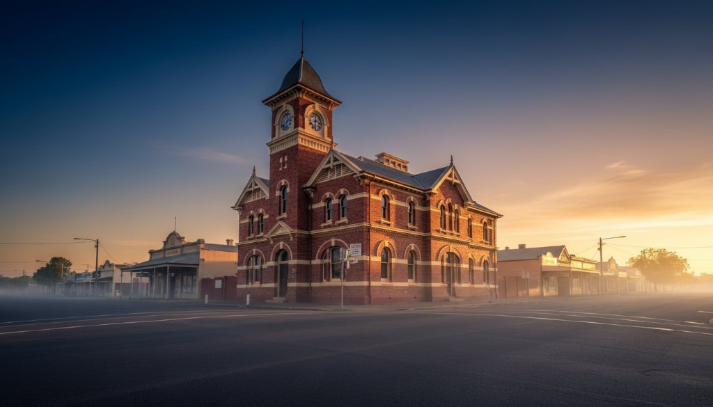A dramatic wide-angle shot of the iconic Red Cliffs Post Office at sunset, with golden light illuminating its detailed facade and creating long shadows, perfectly illustrating the essence of Capturing Red Cliffs architectural heritage photography.