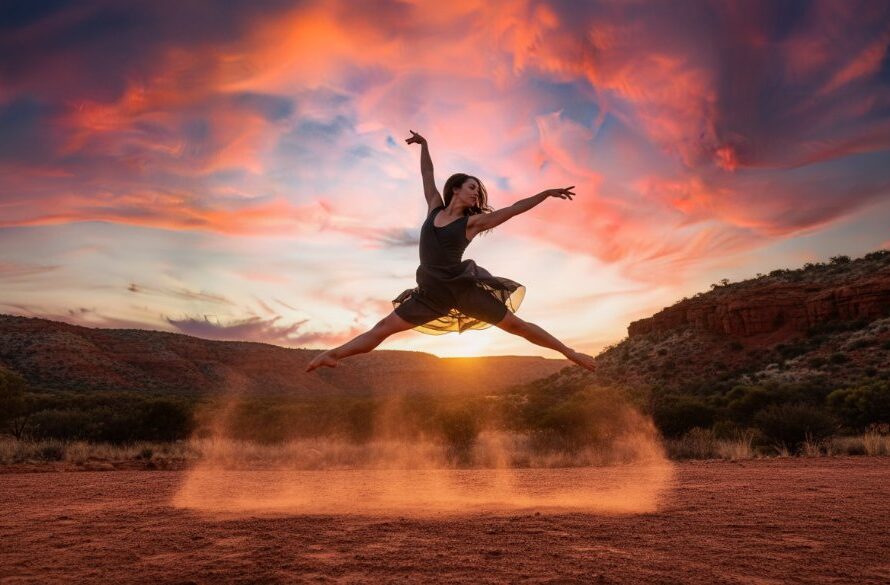 A powerful female dancer mid-air, silhouetted against a dramatic Red Cliffs sunset, performing an exquisite leap, encapsulating Capturing Red Cliffs Dance Movement Photography with grace and strength.