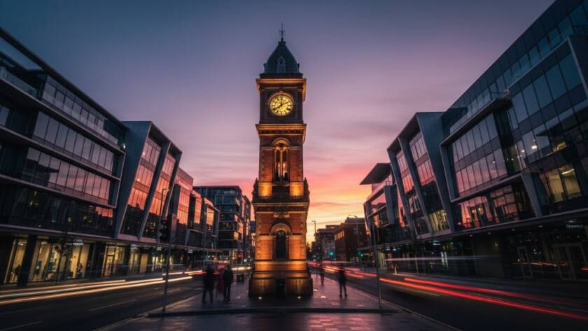 A dramatic, wide-angle shot Capturing Ringwood architectural heritage photography, featuring the historic Ringwood Clock Tower at dawn with golden light illuminating its intricate Victorian details against a softly blurred contemporary streetscape, conveying a sense of timeless elegance.